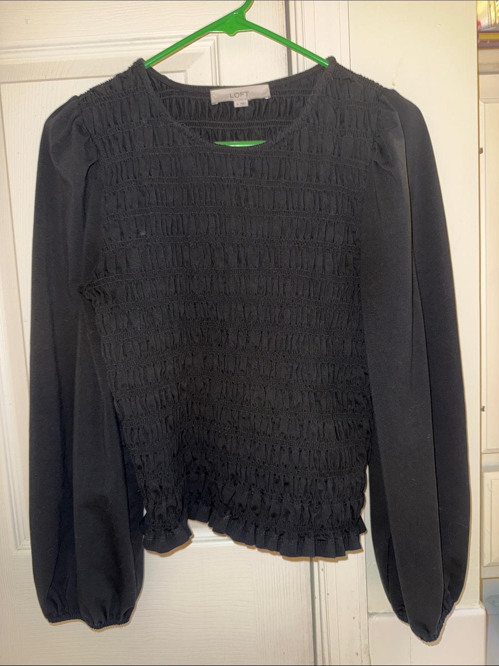 LOFT Black Smocked Long-Sleeve Blouse with Puff Sleeves
